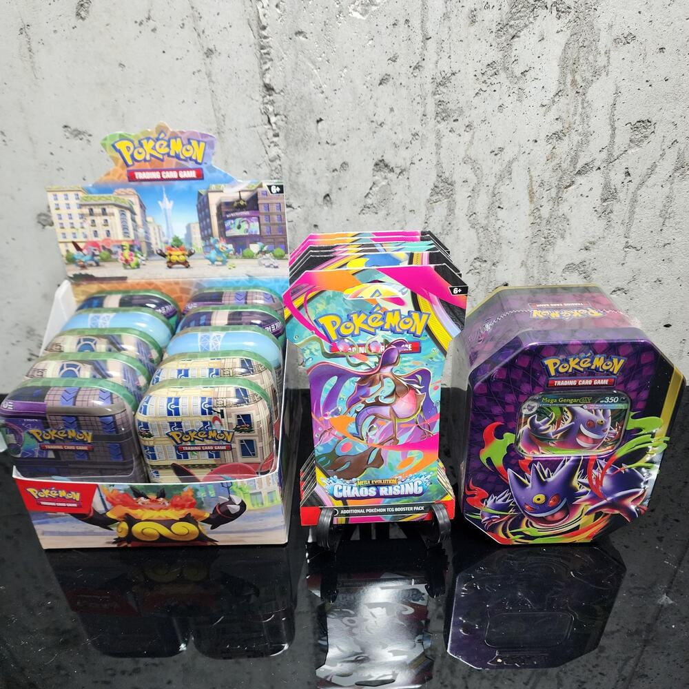 Pokemon 1x Mega Moonlit Tin 10x Lumiose City Mini Tins 6x Chaos Rising Sleeved